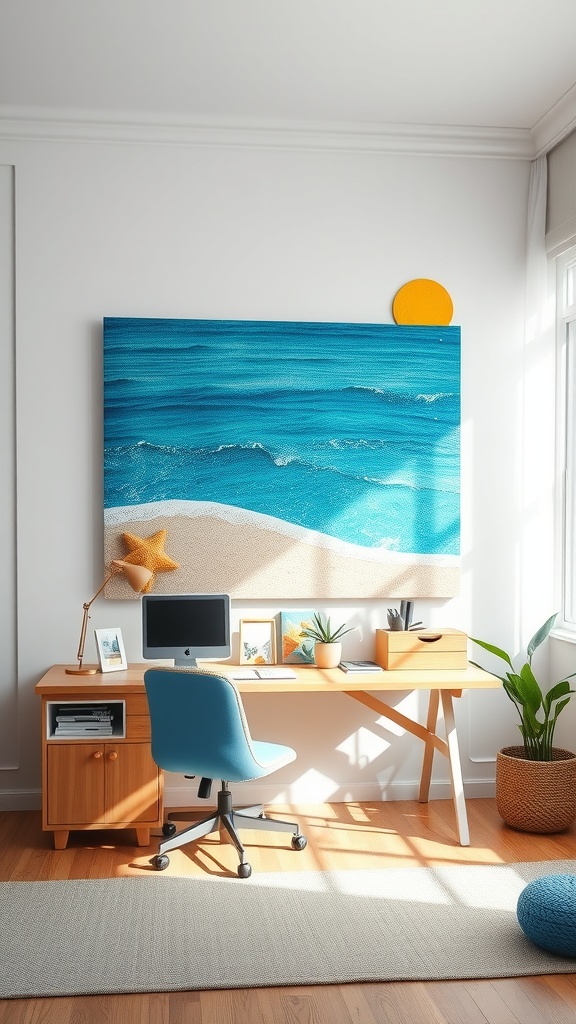 A bright and colorful beach-inspired wall art piece above a wooden desk in a home office setting.
