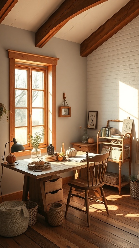 A warm gray and walnut home office with natural light, wooden furniture, and cozy decor.