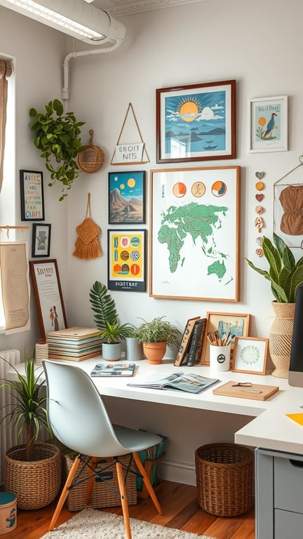 A vibrant office space with colorful shelves, plants, and a cozy workspace.