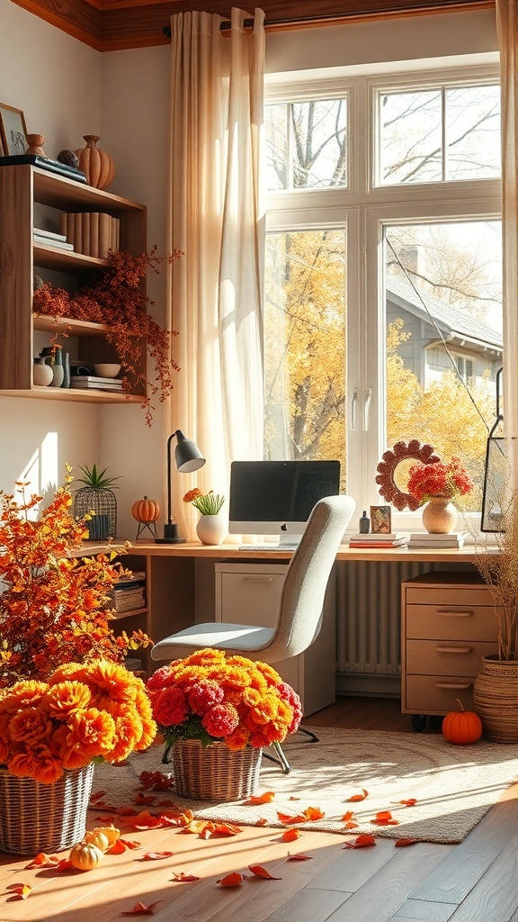 A cozy home office decorated with seasonal plants and fall colors, featuring a desk and window with autumn views.