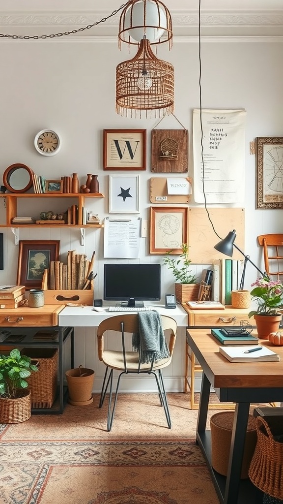 A cozy artisan workshop aesthetic home office with wooden desks, plants, and decorative wall art.