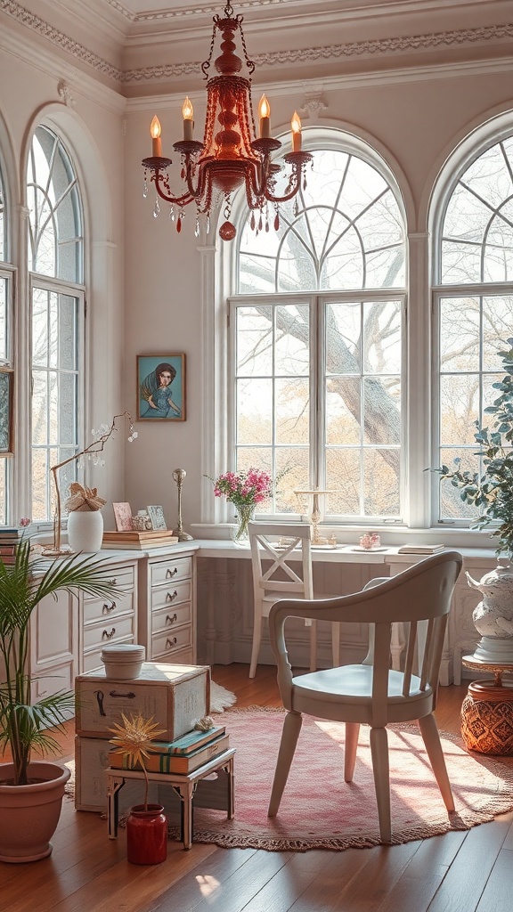 A bright and airy home office with large windows, a chandelier, and feminine decor.