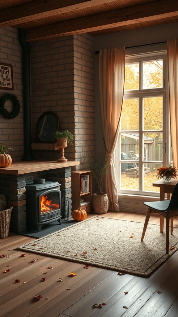 Cozy workspace featuring a fireplace, warm lighting, and autumn decor.