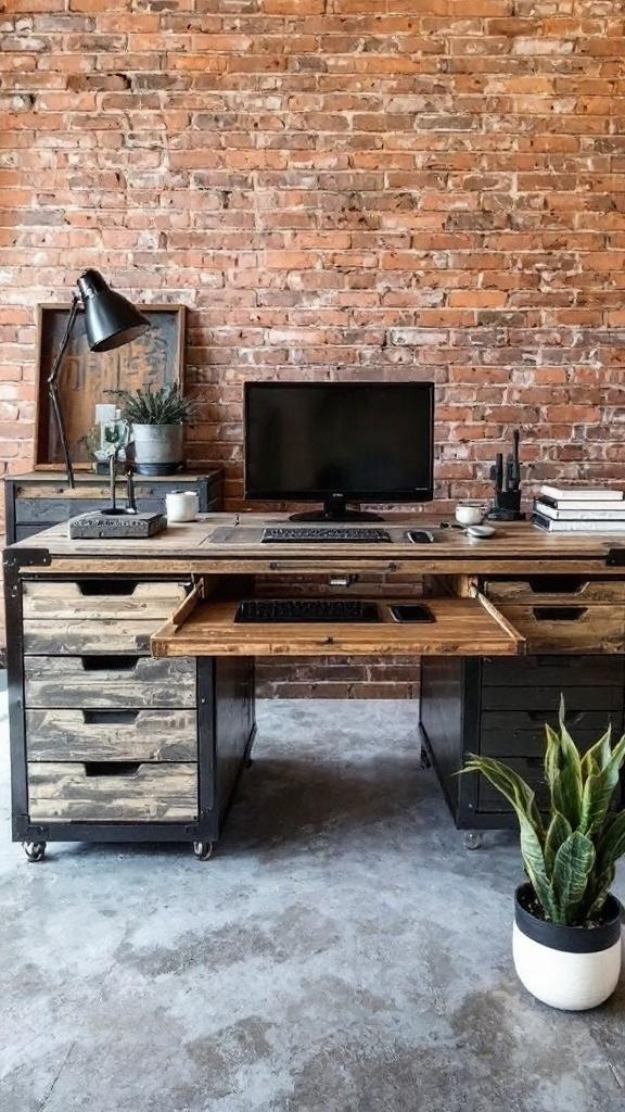 Industrial style executive desk with wooden surface and metal accents against a brick wall