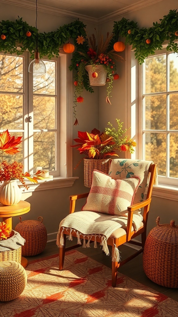 A cozy workspace with seasonal throw pillows, warm colors, and autumn decorations.
