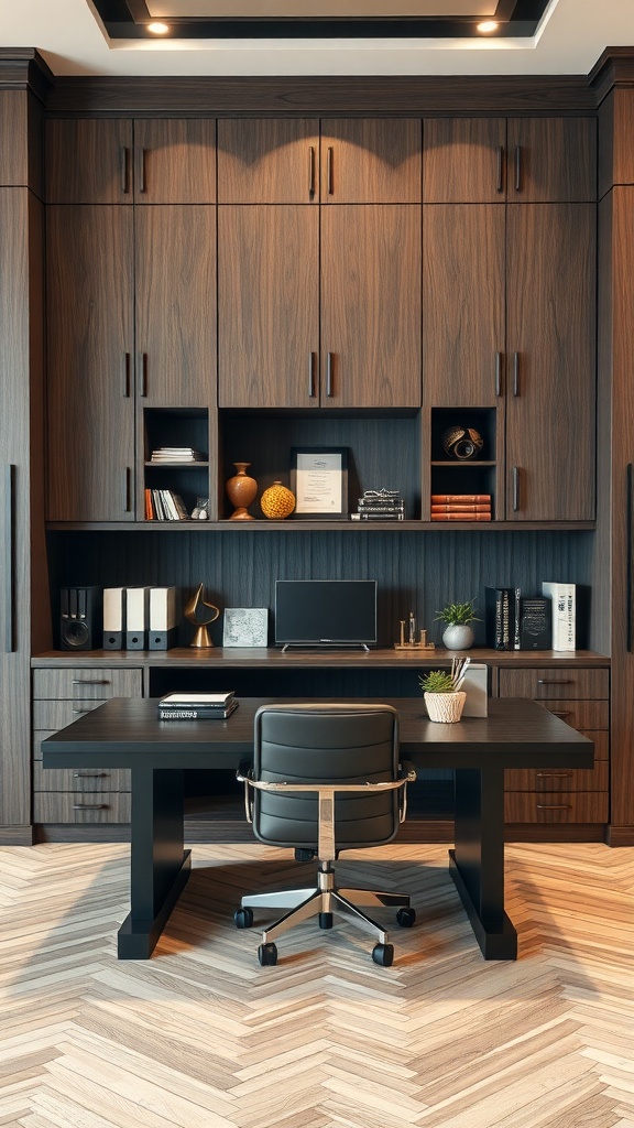 A modern executive desk with built-in storage in a stylish office setting.