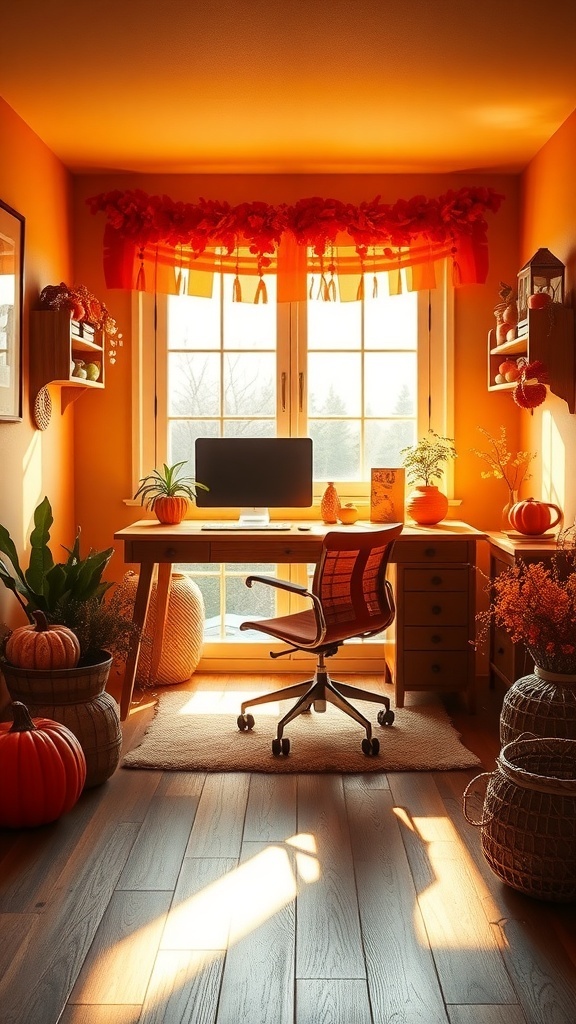 A cozy home office with warm orange walls, a desk, and decorative pumpkins, illuminated by golden hour sunlight.