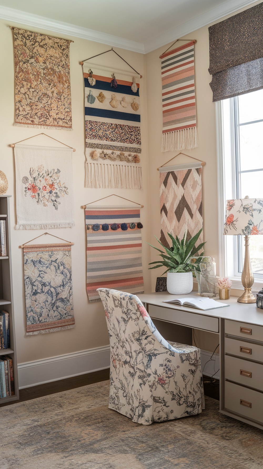 A cozy home office with artistic fabric wall hangings, featuring various woven designs in soft colors.