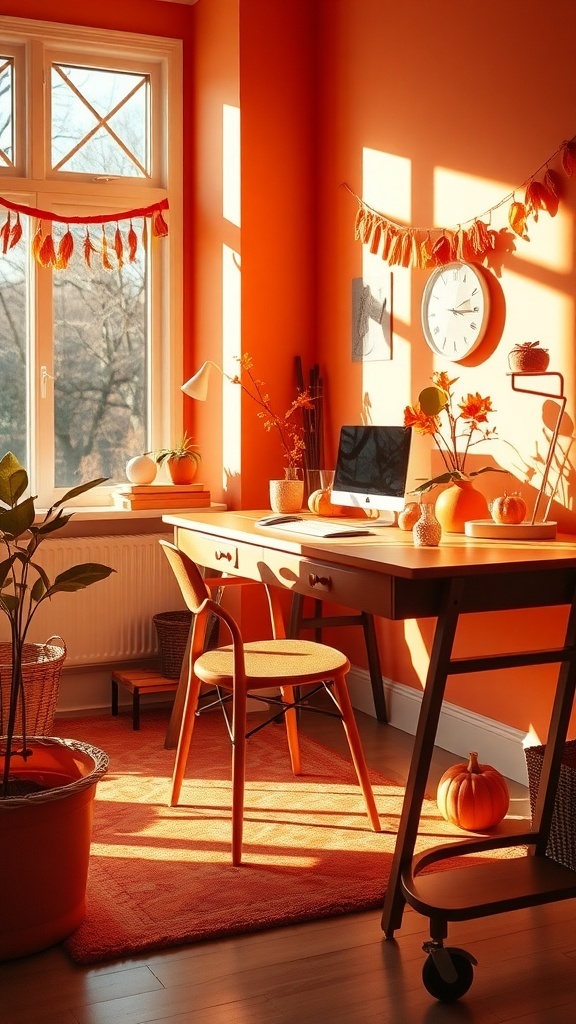 A cozy home office with tangerine walls, a wooden desk, and orange decor.