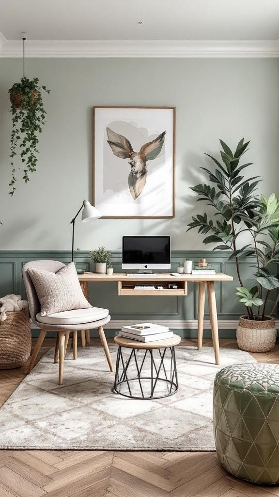 A cozy home office featuring pine green walls, a white desk, and a green chair, complemented by natural light and decorative elements.