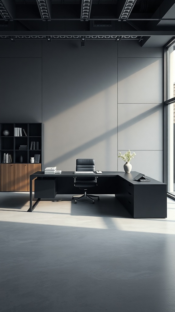 Modern L shaped executive desk with a matte finish in a stylish office setting