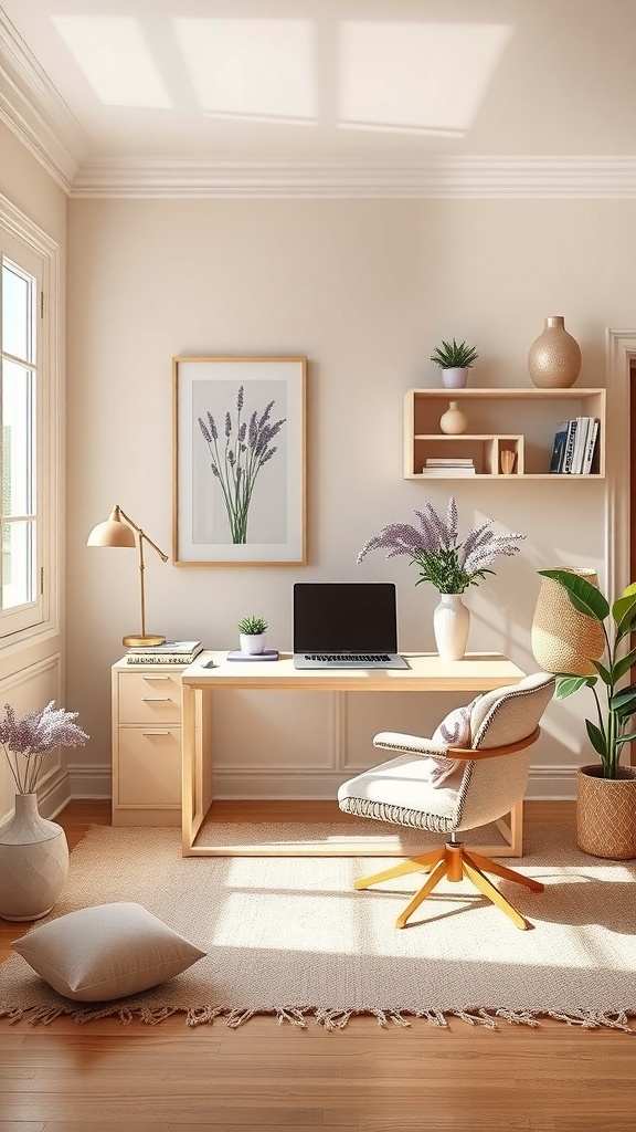A cozy home office featuring beige walls, a light brown desk, and soft lavender curtains.