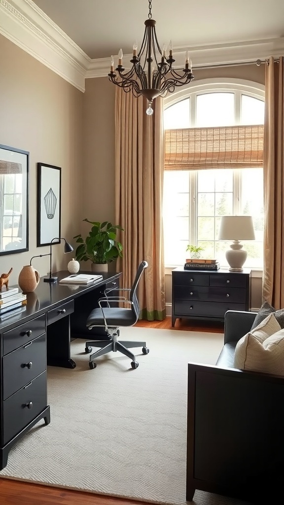 A cozy home office featuring beige walls, dark wood furniture, and decorative elements.