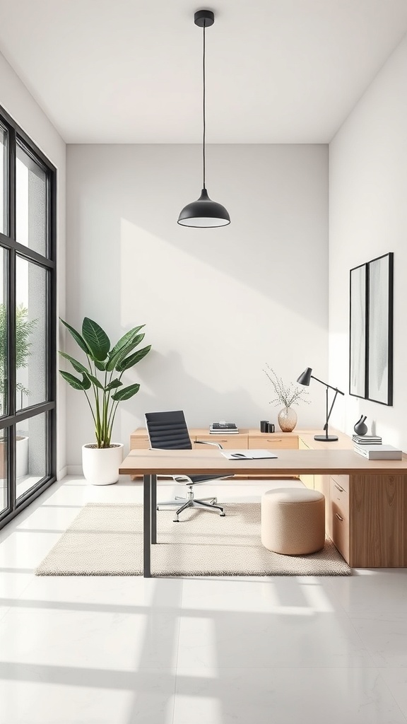A minimalist home office featuring a sleek pendant light, large windows, and a modern desk setup.