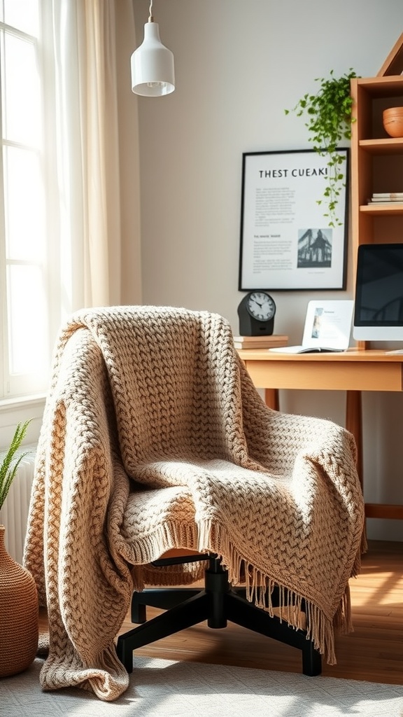 A knitted throw blanket draped over a chair in a bright home office setting