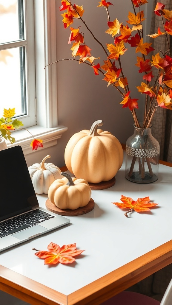 A cozy autumn-themed home office with pumpkins and flowers on the desk.