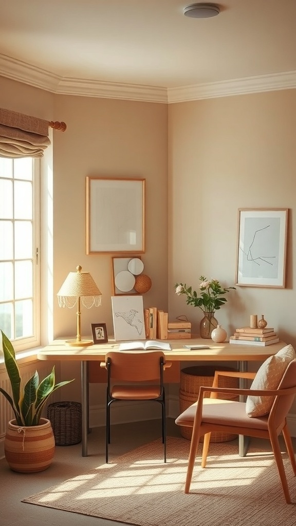 A cozy home office featuring beige walls, a wooden desk, and soft coral accents.
