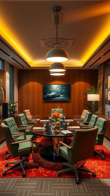 A colorful themed meeting room with vibrant decor and comfortable seating.