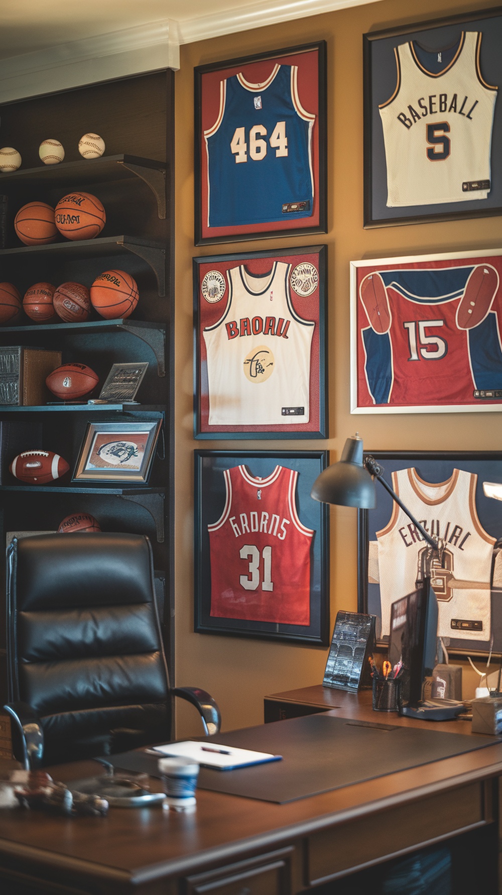 A masculine home office featuring framed sports jerseys on the walls, a sleek desk, and a modern computer setup.