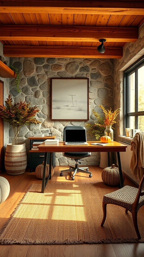 A cozy home office with stone walls, wooden beams, and fall decorations including pumpkins and dried flowers.