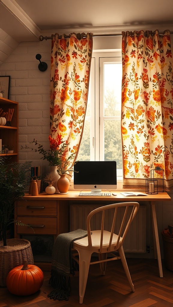 A cozy home office with autumn-themed curtains, a desk, and a pumpkin.