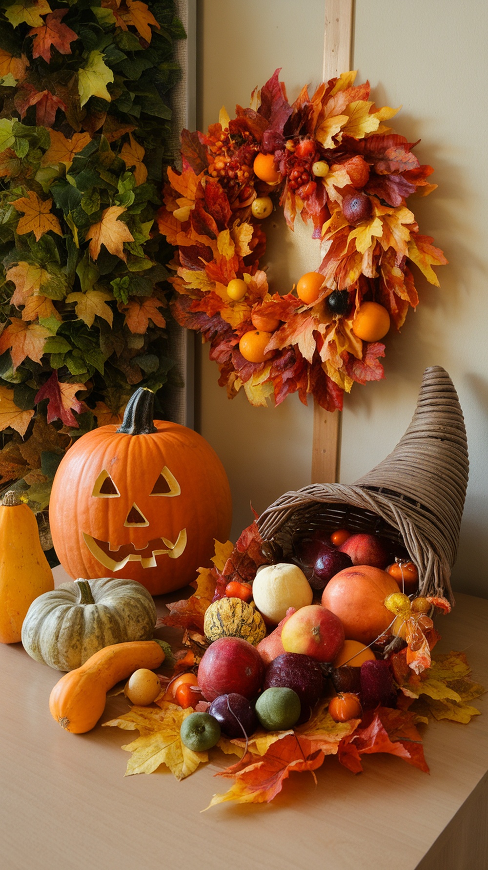 A cozy home office decorated with autumn harvest decor, featuring pumpkins, dried flowers, and colorful hanging decorations.