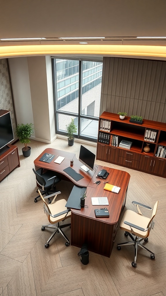 A modern L shaped executive desk in a stylish office setting with a spacious work surface and storage options.