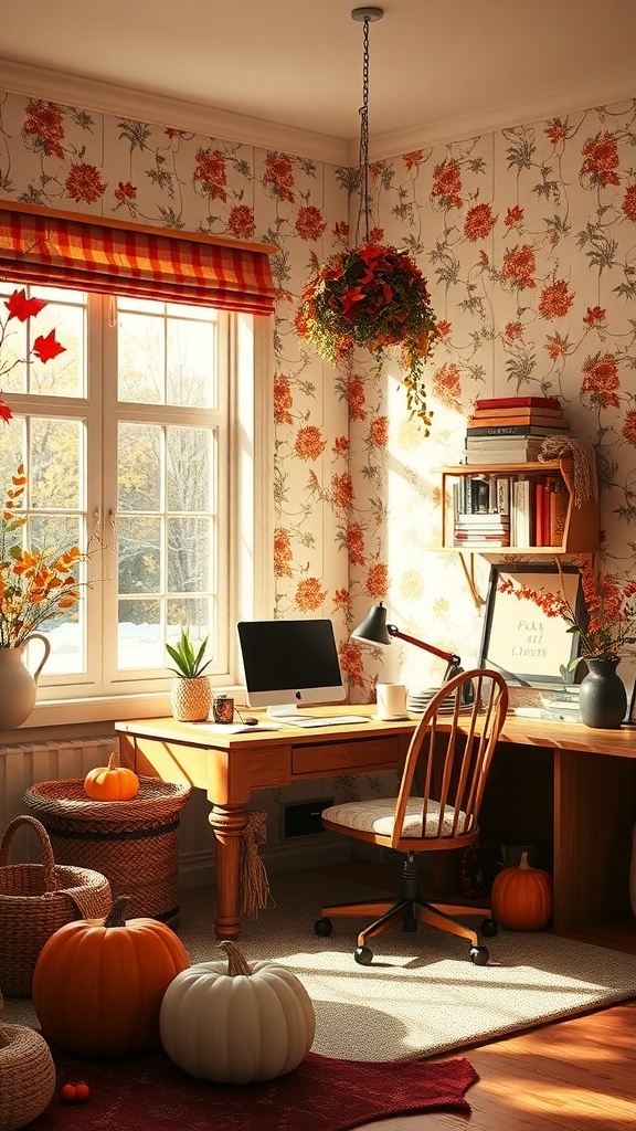 Cozy home office with fall-themed wallpaper and decor