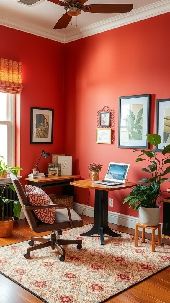A cozy home office featuring muted coral walls and brown accents, with wooden beams and a warm atmosphere.