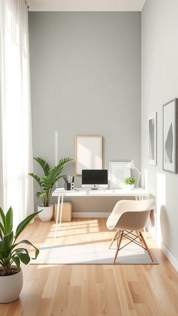 Minimalist home office with gray walls, a desk, computer, and plants