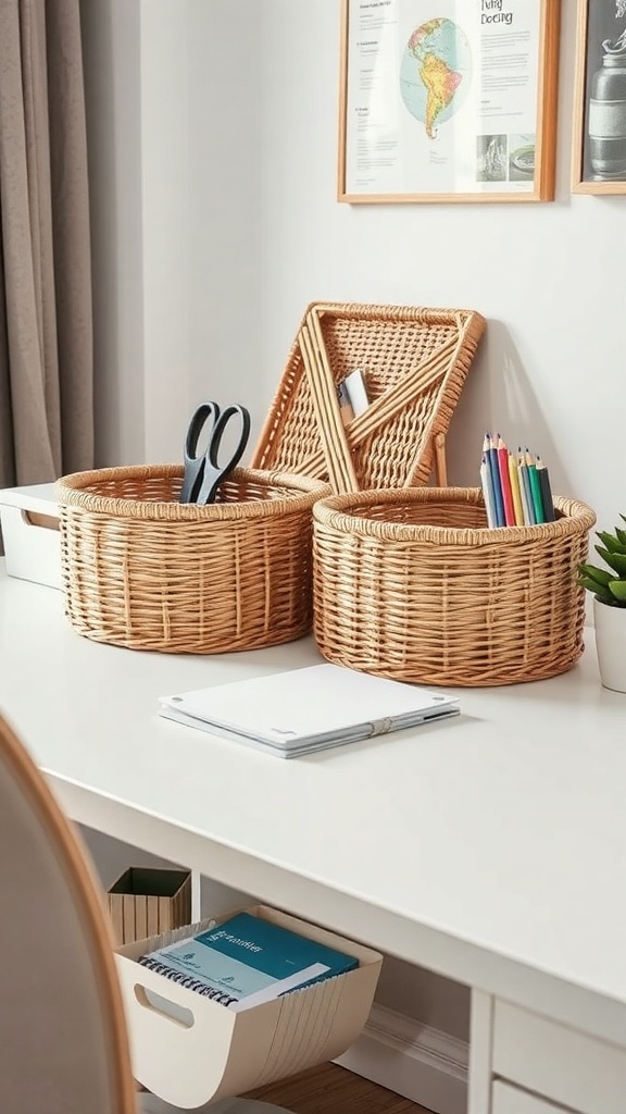 Two woven baskets on a desk, one holding scissors and the other holding colored pencils, with a clean workspace in the background.