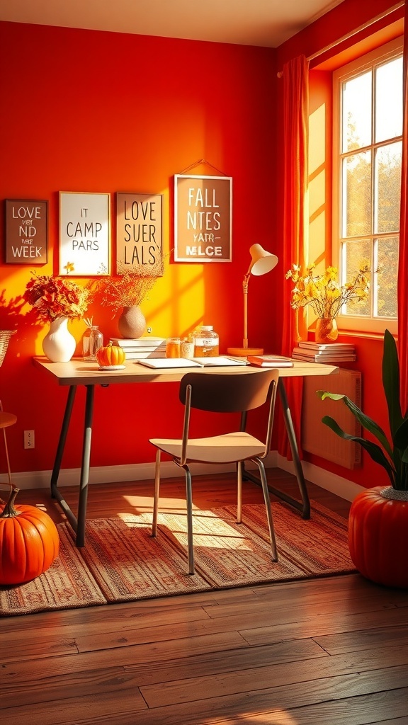A vibrant home office with orange walls, a desk, pumpkins, and decorative items.