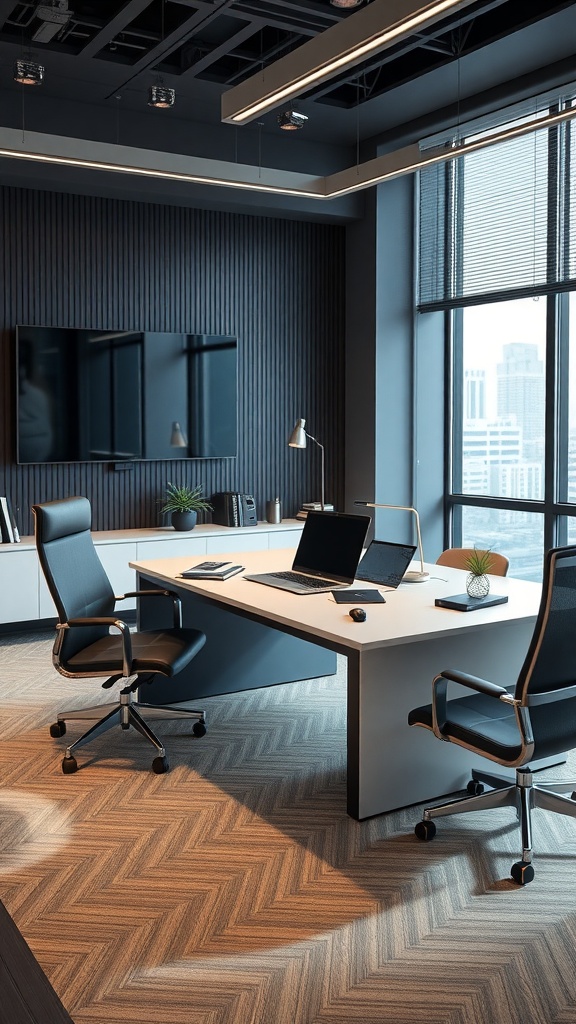 A sleek executive desk in a modern office setting with ergonomic chairs and tech gadgets.