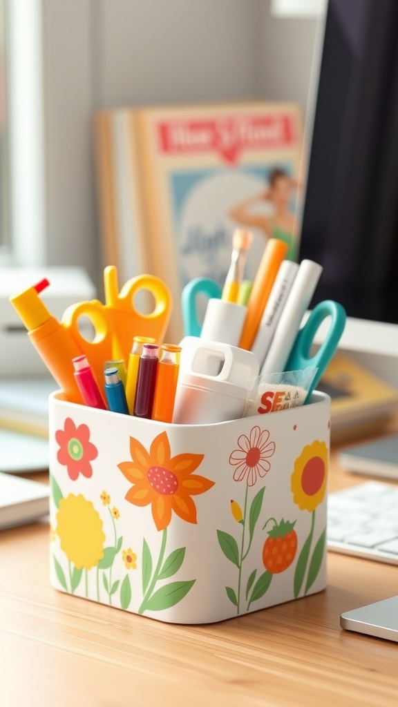 A colorful desk organizer decorated with flowers, holding pens and scissors, with a sun decoration in the background.