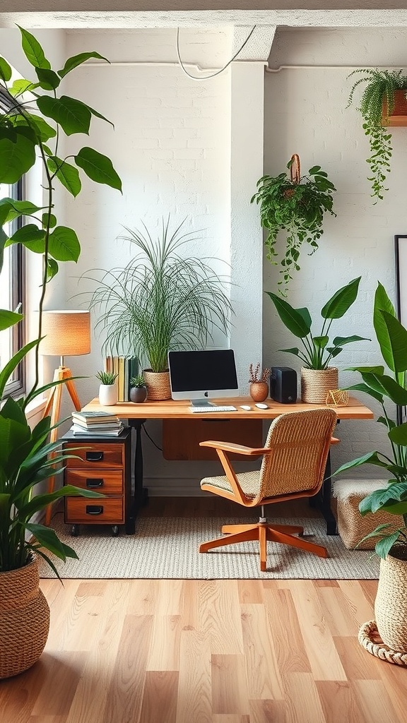 A nature-inspired home office with a wooden desk, plants, and a cozy chair.