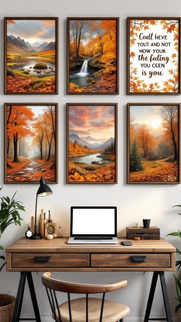 Cozy home office with autumn-themed wall art and decor