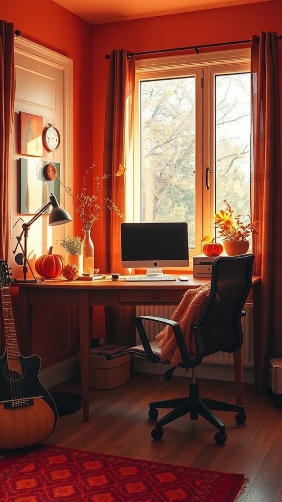 Cozy home office with cinnamon spice color scheme featuring orange walls, a desk with a computer, and decorative pumpkins.