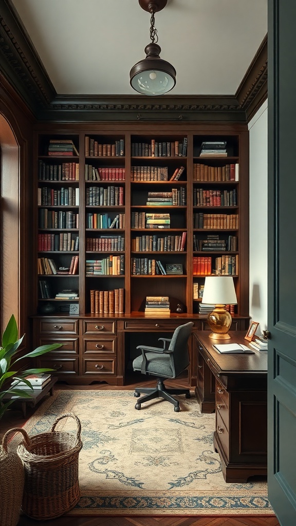 A traditional home office with wooden bookshelves, a desk, and a cozy rug, showcasing a library feel.