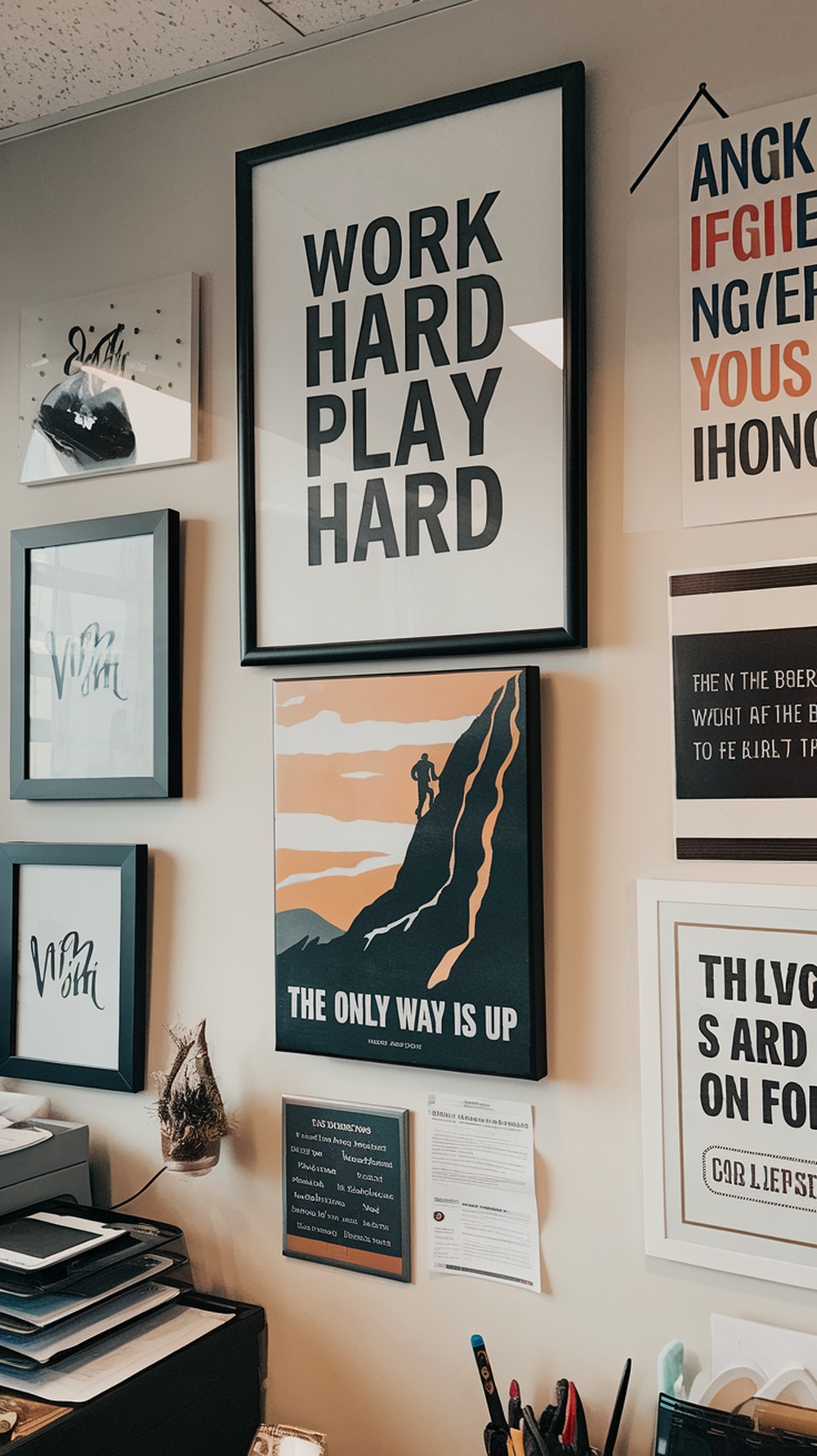 A masculine home office featuring framed motivational quotes on a dark blue wall, with a stylish desk and chair.