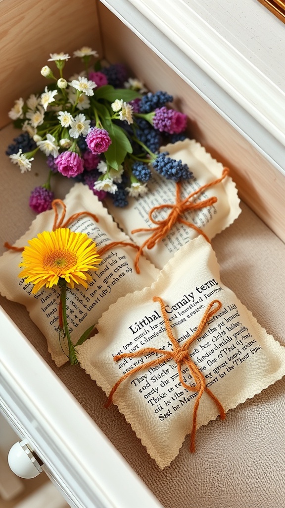 A collection of summer scented sachets tied with twine, alongside colorful flowers in a drawer.