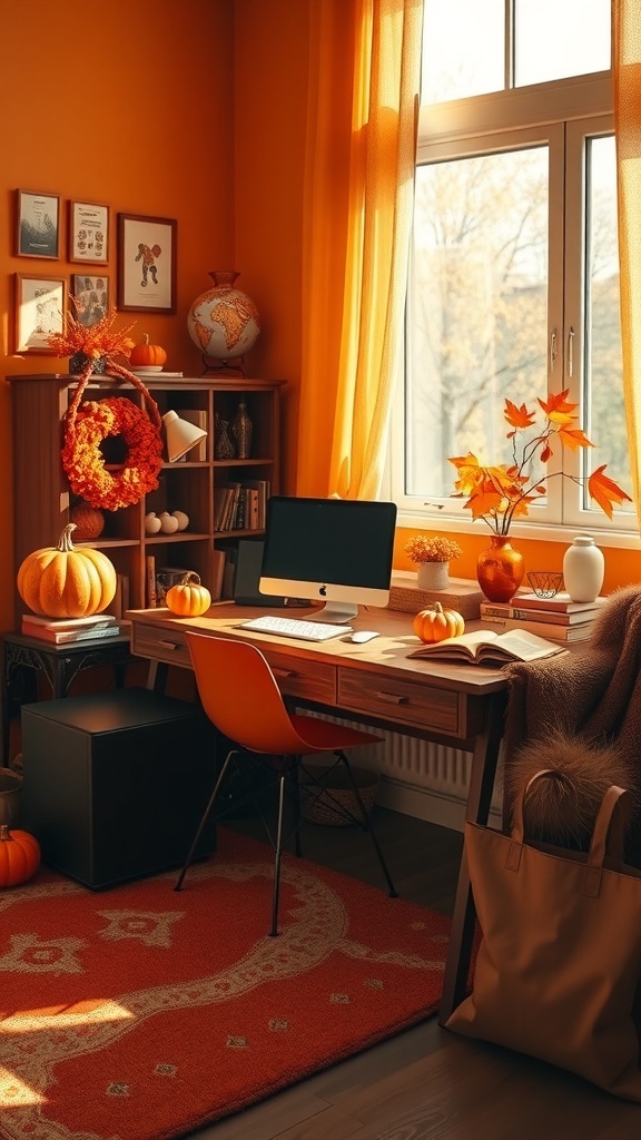 A cozy home office with dark orange walls, a wooden desk, pumpkins, and autumn decor.