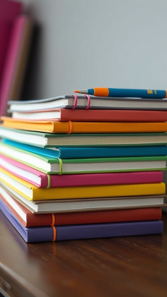 A stack of colorful notebooks on a desk with a plant in the background.