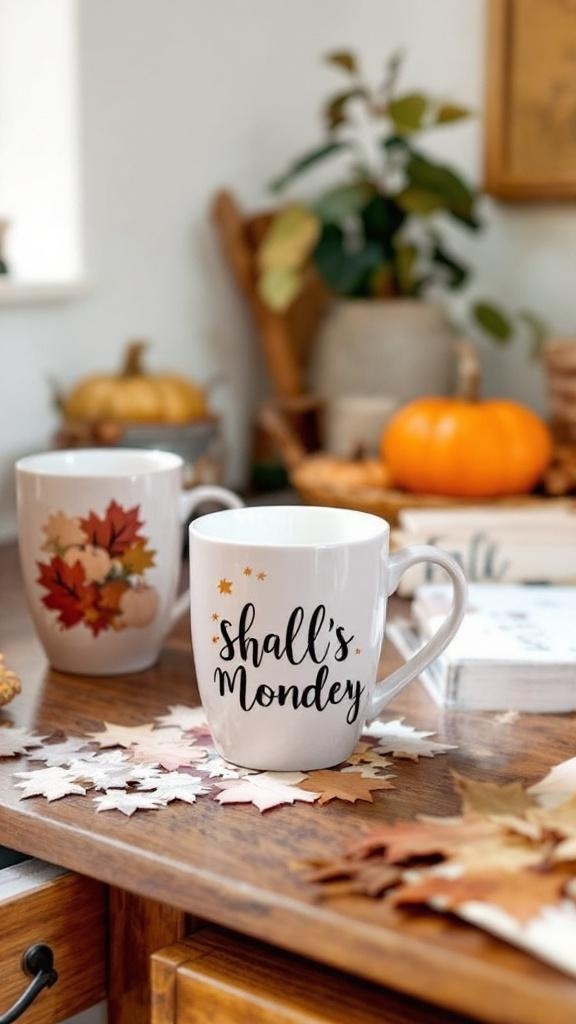 A collection of personalized fall-themed mugs on a wooden table, surrounded by autumn decorations.