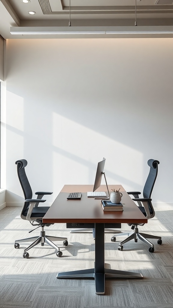 A modern executive desk with ergonomic chairs in a bright office space