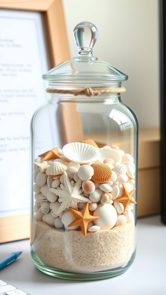 A decorative jar filled with layers of sand and seashells, perfect for summer office decor.