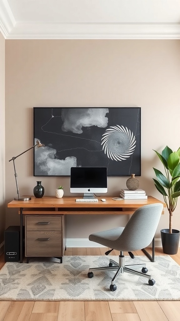 A cozy home office with beige walls, a light brown desk, and charcoal accents.