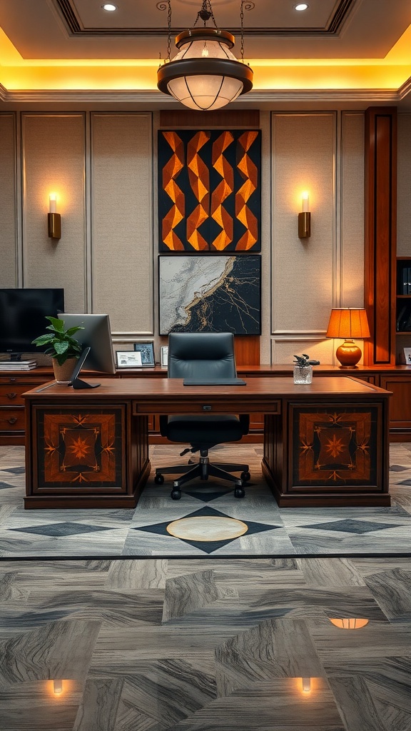 Art Deco executive desk with geometric patterns and rich wood finish in an elegant office setting.
