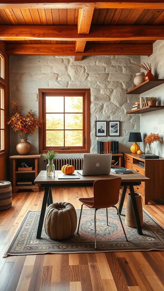 A cozy home office with rustic wood accents, featuring a desk, chair, pumpkins, and autumn flowers.