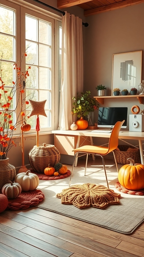 A cozy workspace decorated with pumpkins, autumn leaves, and handmade craft elements.