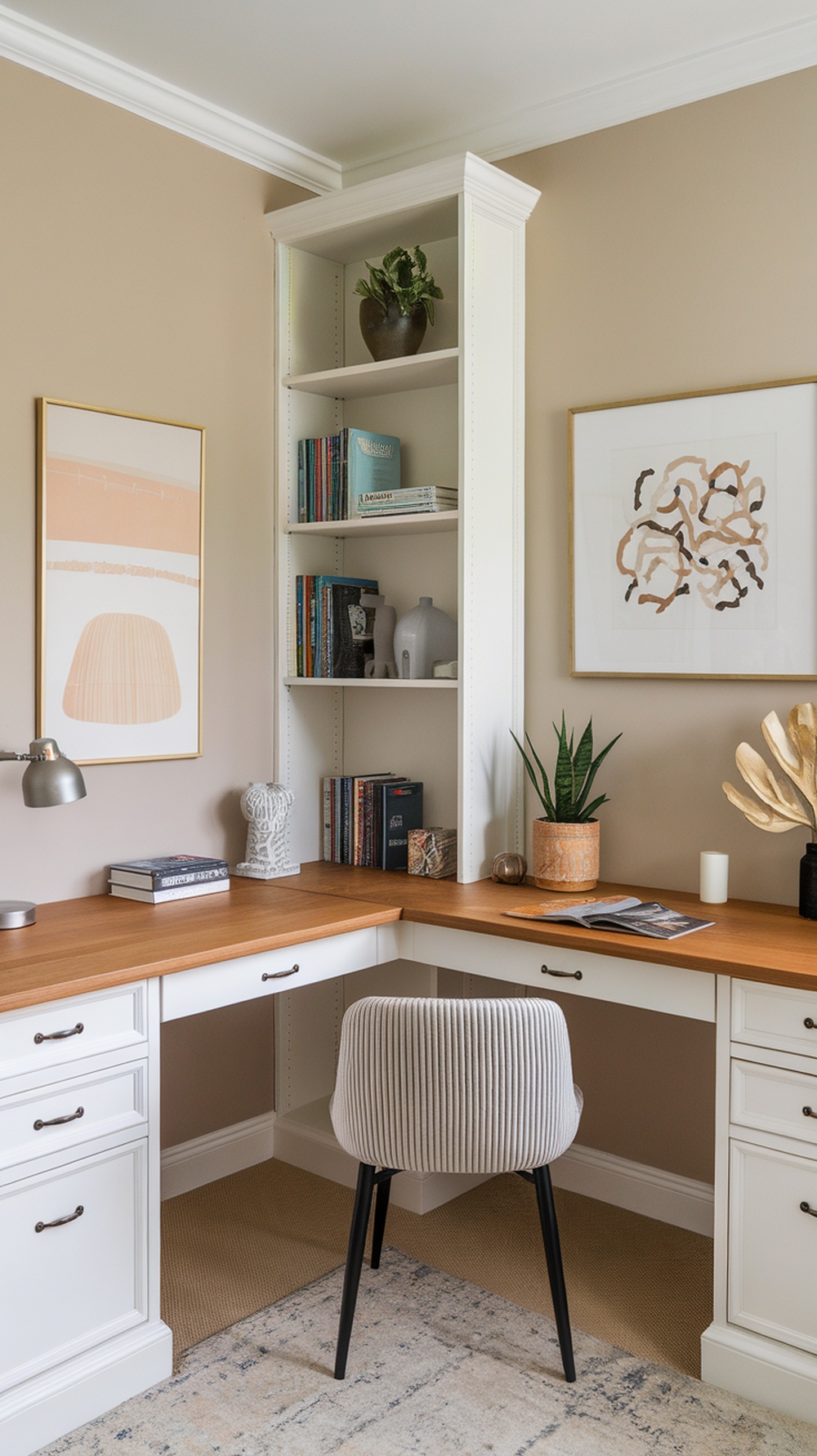 A modern corner L shaped desk with storage, featuring a wood finish and multiple drawers, set in an office space.